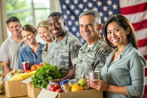Fototapeta Community support for veterans with volunteers distributing food and essentials in patriotic setting