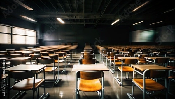 Fototapeta Wide angle view of an empty classroom with wooden desks, education space design