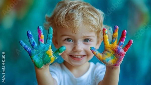 Obraz Close-up of a child's hand with colorful paint, showing five fingers and painted in rainbow colors. The young boy is smiling while holding his hands up to the camera, creating an adorable and playful 