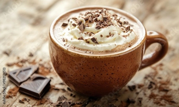 Fototapeta A cup of hot chocolate with whipped cream and chocolate shavings on top
