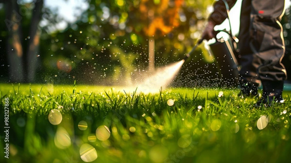 Obraz Worker spraying pesticide on a green lawn outdoors for pest control.