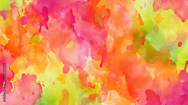Fototapeta Bright and lively watercolor abstract background with vibrant splashes of neon orange, lime green, and fuchsia, arranged in chaotic, expressive shapes.