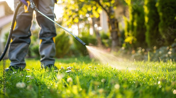 Obraz Worker spraying pesticide on a green lawn outdoors for pest control.