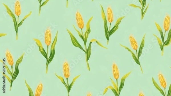 Fototapeta A vibrant wallpaper featuring tiny corn plants with stalks and ears arranged in a repeating pattern on a light green background 