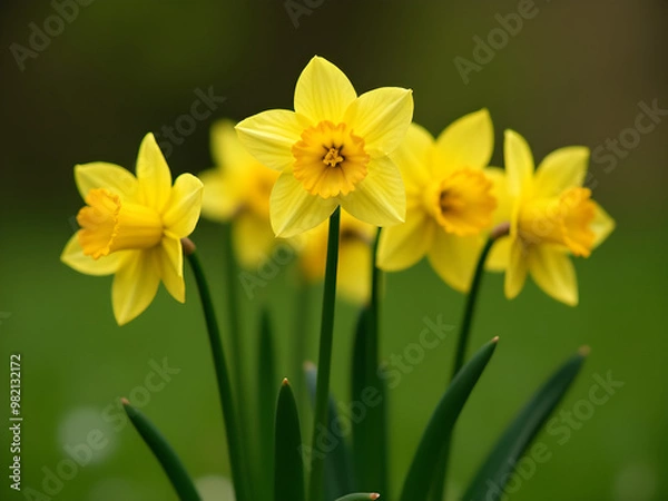 Fototapeta Vibrant Yellow Daffodils in Diverse Stages of Bloom Surrounded by Lush Green Leaves, Softly Blurred Background with Bokeh Effect, Capturing the Essence of Spring and Nature' Beauty