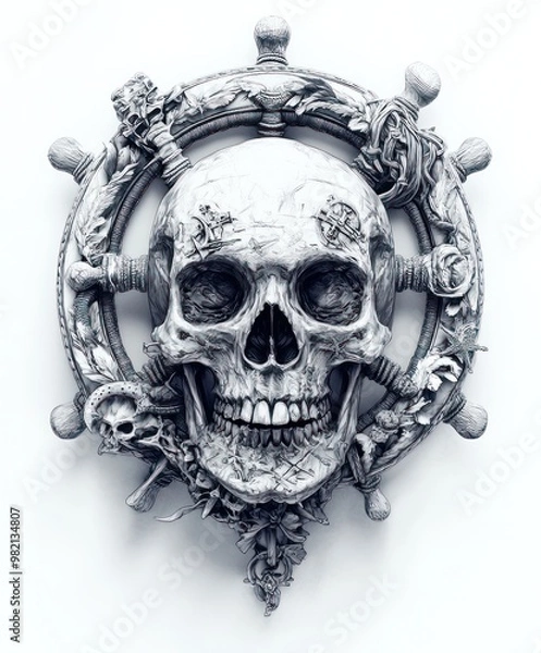 Fototapeta A detailed skull design surrounded by nautical elements, symbolizing adventure or danger.