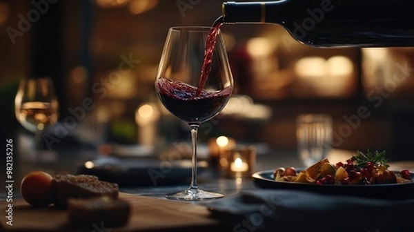 Fototapeta Red wine being poured into a glass, with a soft, elegant background for a luxurious dining experience.