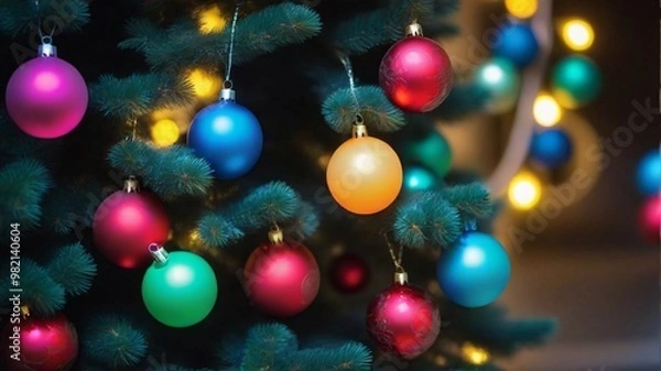 Fototapeta Colorful baubles adorn a green Christmas tree, creating a festive holiday atmosphere.