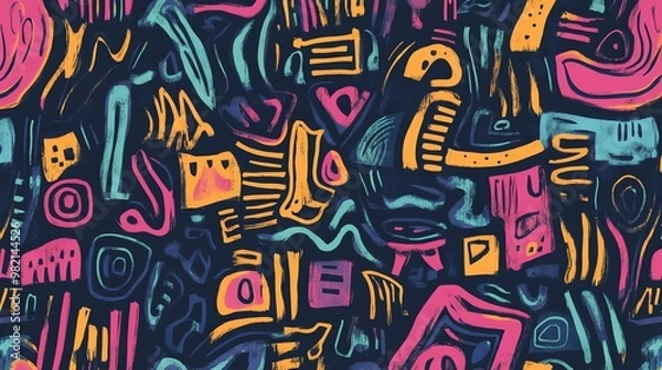 Fototapeta Abstract pattern with various colorful shapes on a dark background.