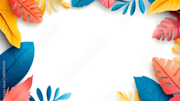 Fototapeta Colorful leaves frame a blank space, perfect for invitations or announcements. A vibrant, tropical design with a modern touch.