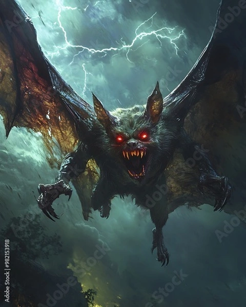 Fototapeta Vampire Bat Creature: A menacing bat with red, glowing eyes, oversized fangs, and torn wings. It has a humanoid face twisted into a sinister grin, and its claws are outstretched as it flies through a 