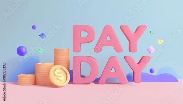 Obraz Colorful representation of pay day with coins and playful elements, perfect for financial themes and celebration of income.