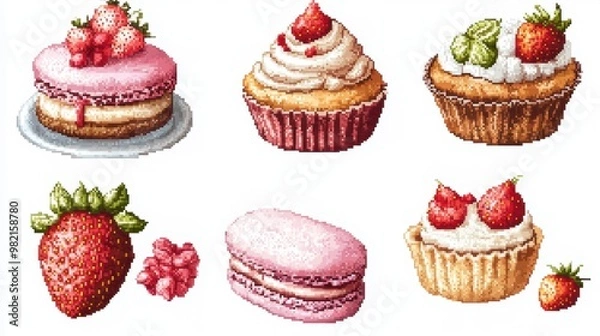 Fototapeta Vector illustration Cross stitch Sweet dessert set with strawberry cake,cupcake,macaroon,sweets pixel art set of icons,vintage, 8 bit, bakery menu,copy space.