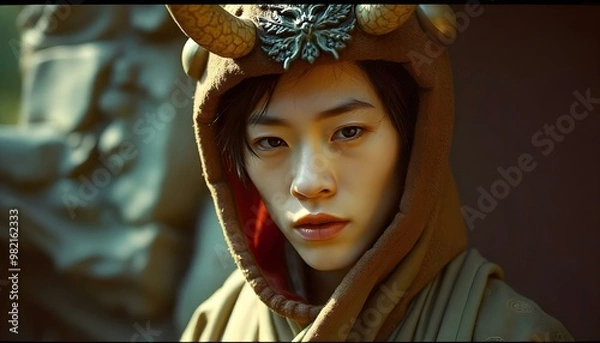 Fototapeta 70s, Japanese ancient creature costume, cinematic, analog film photography with muted colors, inspired by Japanese tales, analog style, vintage colors, x-process, centered composition