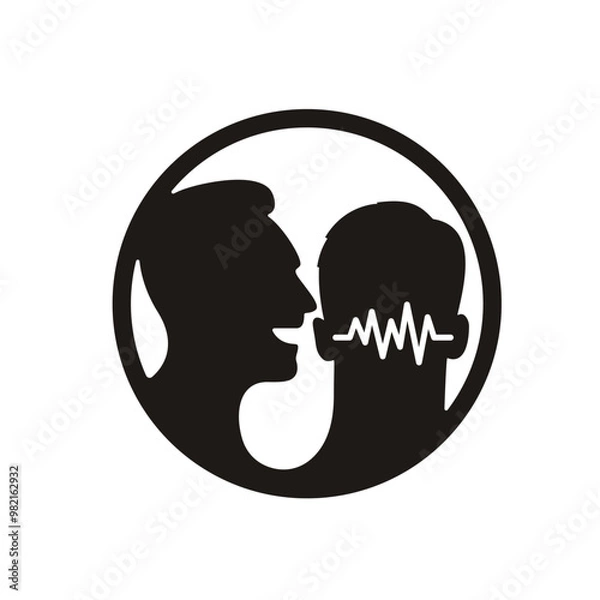 Fototapeta Two facing silhouettes of human heads, with one speaking and the other listening. A sound wave is shown between the two heads, symbolizing the transmission of communication