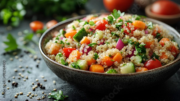 Fototapeta Bowl of quinoa salad with mixed vegetables and a sprinkle of seeds, nutrient-dense brain food, wholesome meal.