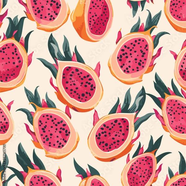 Fototapeta Natural vector pattern with dragon fruit, pitaya, fruit halves on white background 