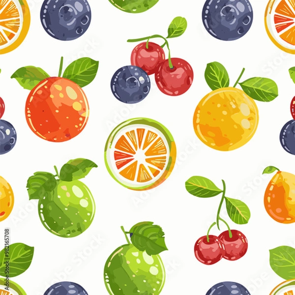 Fototapeta Nature vector pattern with fruits and berries and halves of fruits, blueberry, lemon, tangerine, cherry on white background