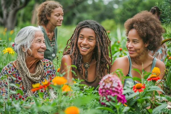 Fototapeta Multigenerational people discussing while gardening in community garden