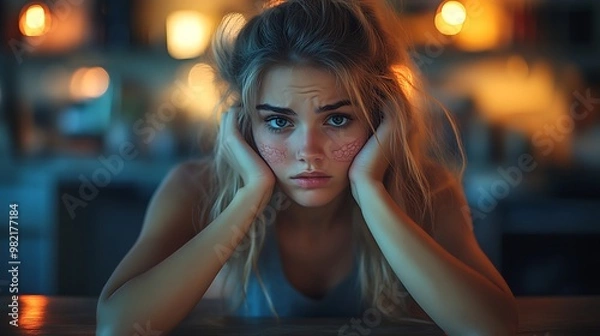Fototapeta A young woman with a sad expression sits at a table with her hands on her cheeks.