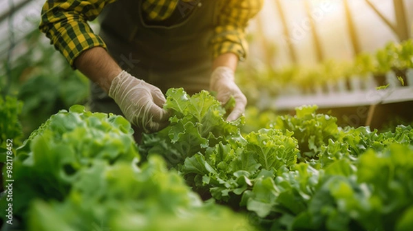 Obraz Close-up View of Farmer Harvesting Fresh Vegetables in a Greenhouse. A Glimpse into Sustainable Agriculture and Crop Care.
