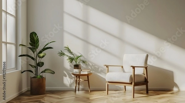 Fototapeta Cozy Minimalist Reading Nook with Comfortable Chair and Greenery Accent