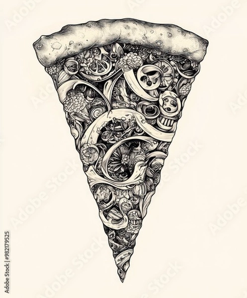 Fototapeta An artistic illustration of a pizza slice filled with intricate, surreal details.