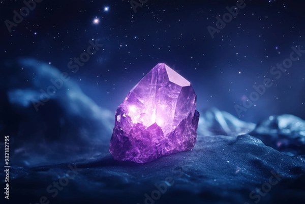 Fototapeta Large amethyst crystal glowing on a dark surface under a starry night sky