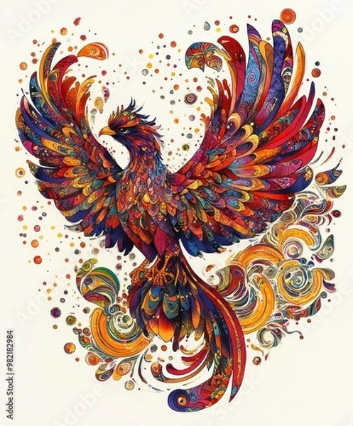 Fototapeta A vibrant, colorful illustration of a phoenix rising, symbolizing rebirth and creativity.