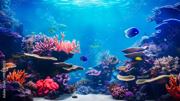 Fototapeta underwater coral reef landscape in the deep blue ocean with colorful fish and marine life background wallpaper	