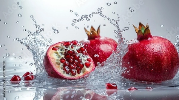 Fototapeta Pomegranates Splashing in Water with Water Droplets