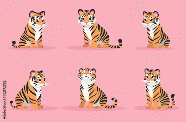 Fototapeta Set of cute tiger illustrations, vector illustrations with simple shapes and flat colors on a pink background.
