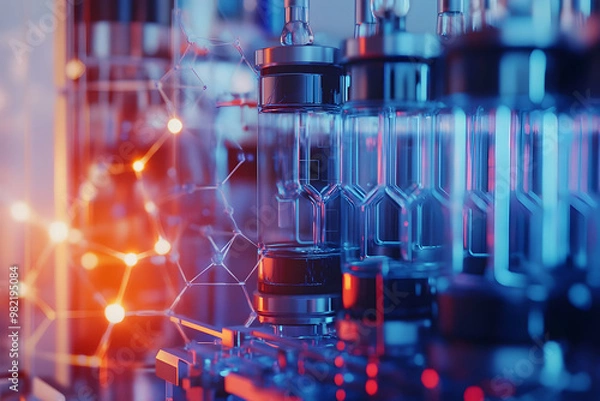 Fototapeta Advanced laboratory scene with glass vials and molecular structures, showcasing cutting edge technology and scientific research. vibrant colors create dynamic atmosphere of innovation and discovery