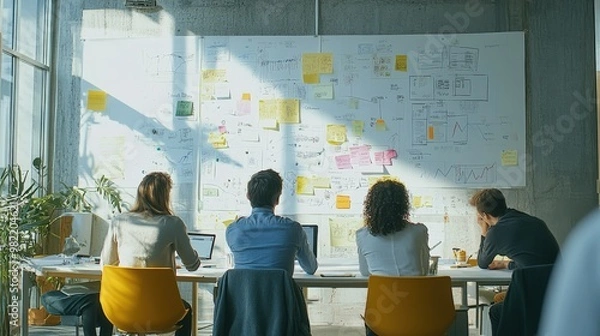 Fototapeta A dynamic shot of a team brainstorming new creative business models, with whiteboards filled with ideas