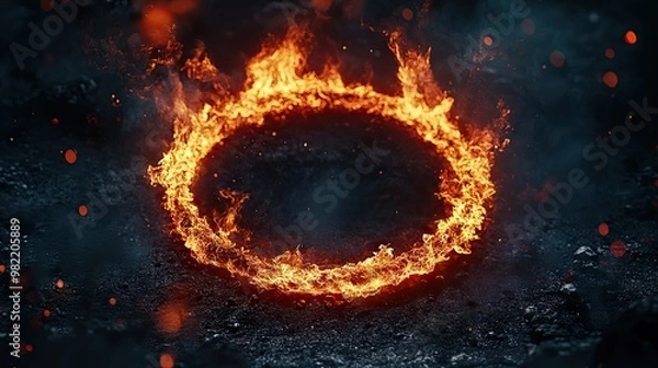 Fototapeta A glowing fire ring, burning intensely against a dark background, creating a fiery, dynamic visual.
