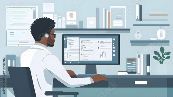 Fototapeta Black Doctor Working on Computer in Office