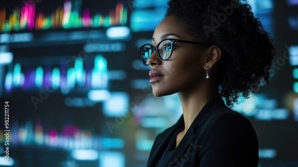 Fototapeta A confident businesswoman leading a presentation on new business models, with digital charts behind her.