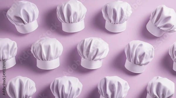 Fototapeta A clean, symmetrical display of white chef hats on a light pastel lavender background, symbolizing precision in the kitchen.
