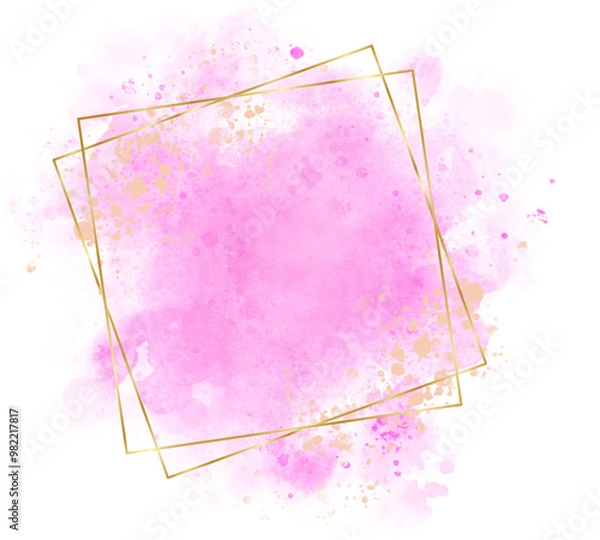 Obraz watercolor background pink and white. gold square frame with pollen for decoration design logo, card. hand painted abstract