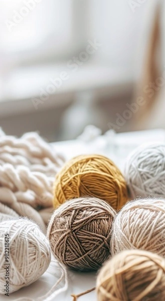 Obraz Knitting. Balls of cotton and wool yarn in warm tones on a white table. Boho, bed tones, orange, pink, turquoise, hobby
