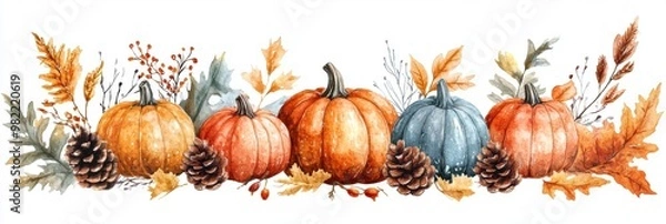 Obraz autumn watercolor elements, watercolor pumpkins, autumn leaves, and pine cones bring a charming autumnal vibe to your thanksgiving posters and invitations