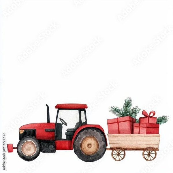 Fototapeta A farm tractor pulling a wagon filled with Christmas presents, watercolor illustration, isolated on white background