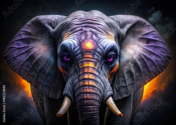 Fototapeta "Moonlit African elephant's gray skin transformed into a spooky canvas, adorned with glowing purple eyeshadow, jagged black eyeliner, and a hint of orange glow."