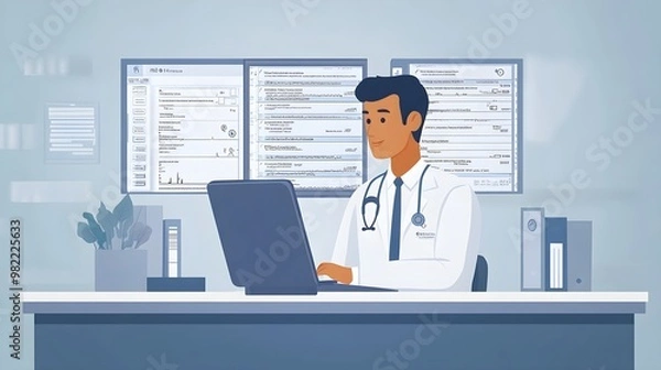 Obraz Doctor Working on Laptop in Office with Charts