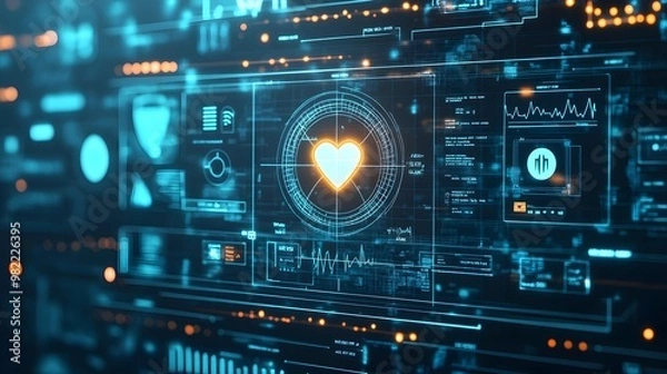 Obraz Futuristic Digital Interface with Glowing Heart Icon