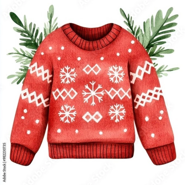 Fototapeta Cozy Christmas sweater clipart, with snowflake pattern, watercolor illustration, warm colors, isolated on white background