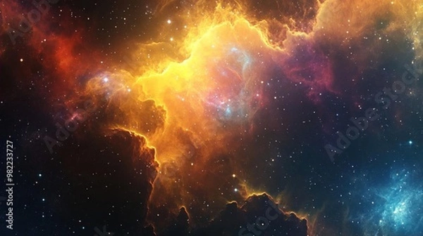 Fototapeta A vibrant cosmic nebula with swirling clouds of gas and dust, illuminated by distant stars, creating a breathtaking spectacle of color and light.