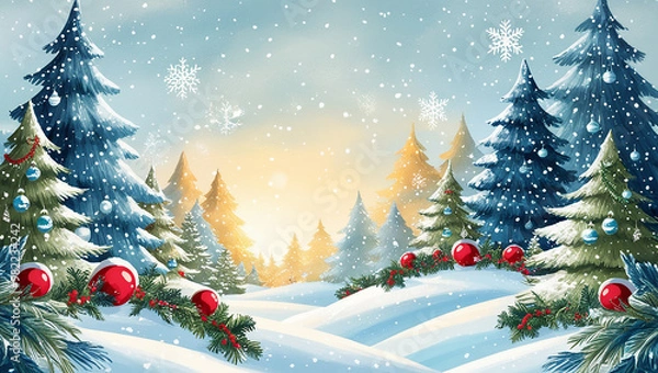 Fototapeta snow background with cheerful christmas tree