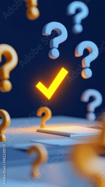 Fototapeta A vibrant illustration of a yellow check mark surrounded by floating question marks, symbolizing clarity and uncertainty.