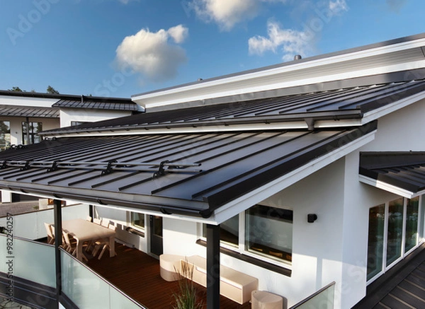 Fototapeta Close-up house retro roof panel with standing seam and fasteners. Modern galvanized steel roofing sheet with ribs. Classic style black metal panel with rebate joint. Falz roofing. Building's covering